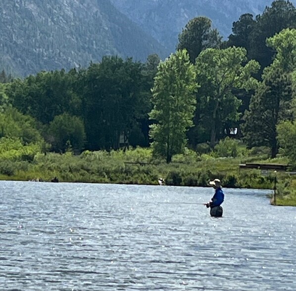Una persona pescando en un lago tranquilo rodeado de abundante vegetación y montañas.