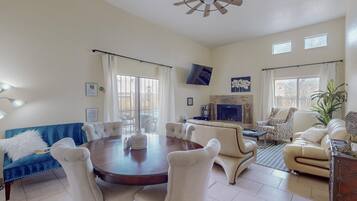 TV, DVD player, books, video library