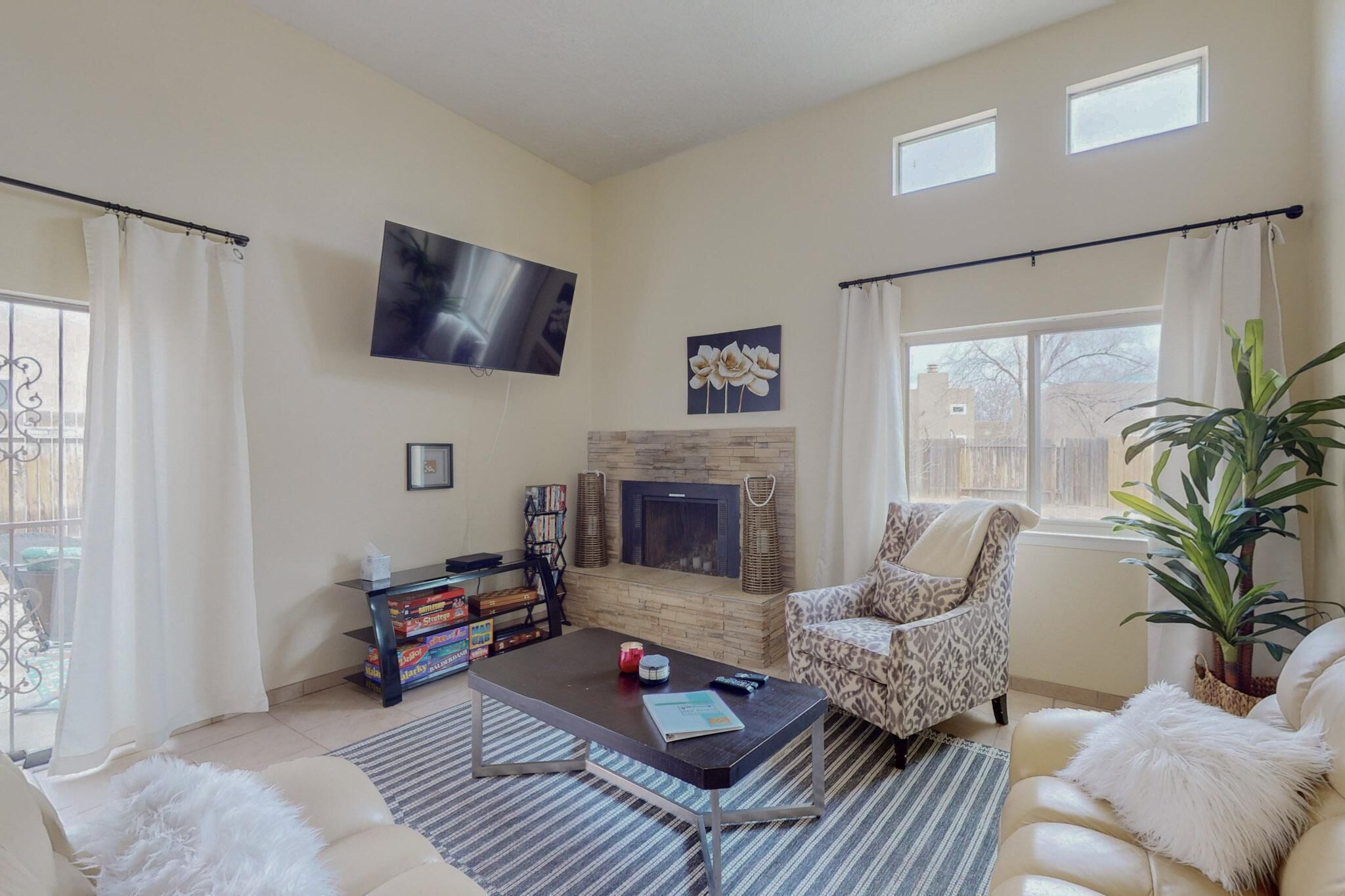 TV, DVD player, books, video library