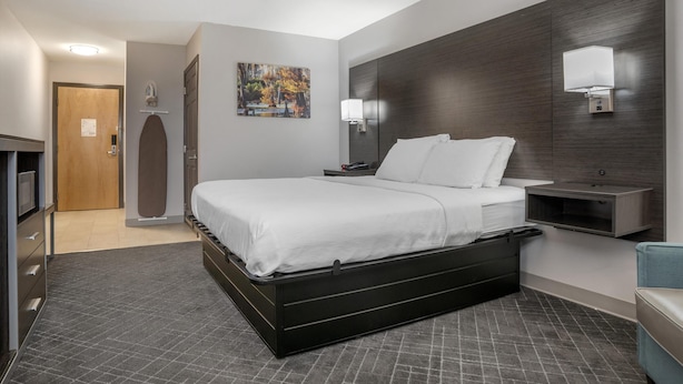 A modern hotel room with a large bed, a flat-screen TV, a desk, and a nightstand.