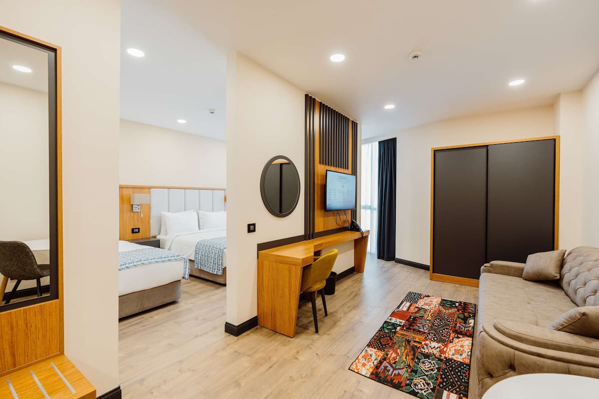 A modern hotel room with a bed, a desk with a chair, a sofa, a TV, and a wardrobe.