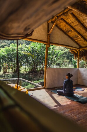A person sitting on a yoga mat in a room with a wooden floor and a thatched roof, overlooking a garden with various plants.