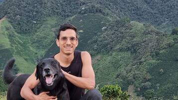 A person with two dogs on a stone path with a mountainous landscape in the background.