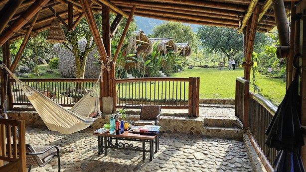 A covered outdoor seating area with a hammock, a table with books and bottles, and a view of a grassy field and trees. - Pradera Ecoliving (Betania)