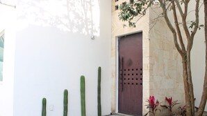 A white wall with a door, a cactus, and a tree. - Casa Blanca Oaxaca (Oaxaca)