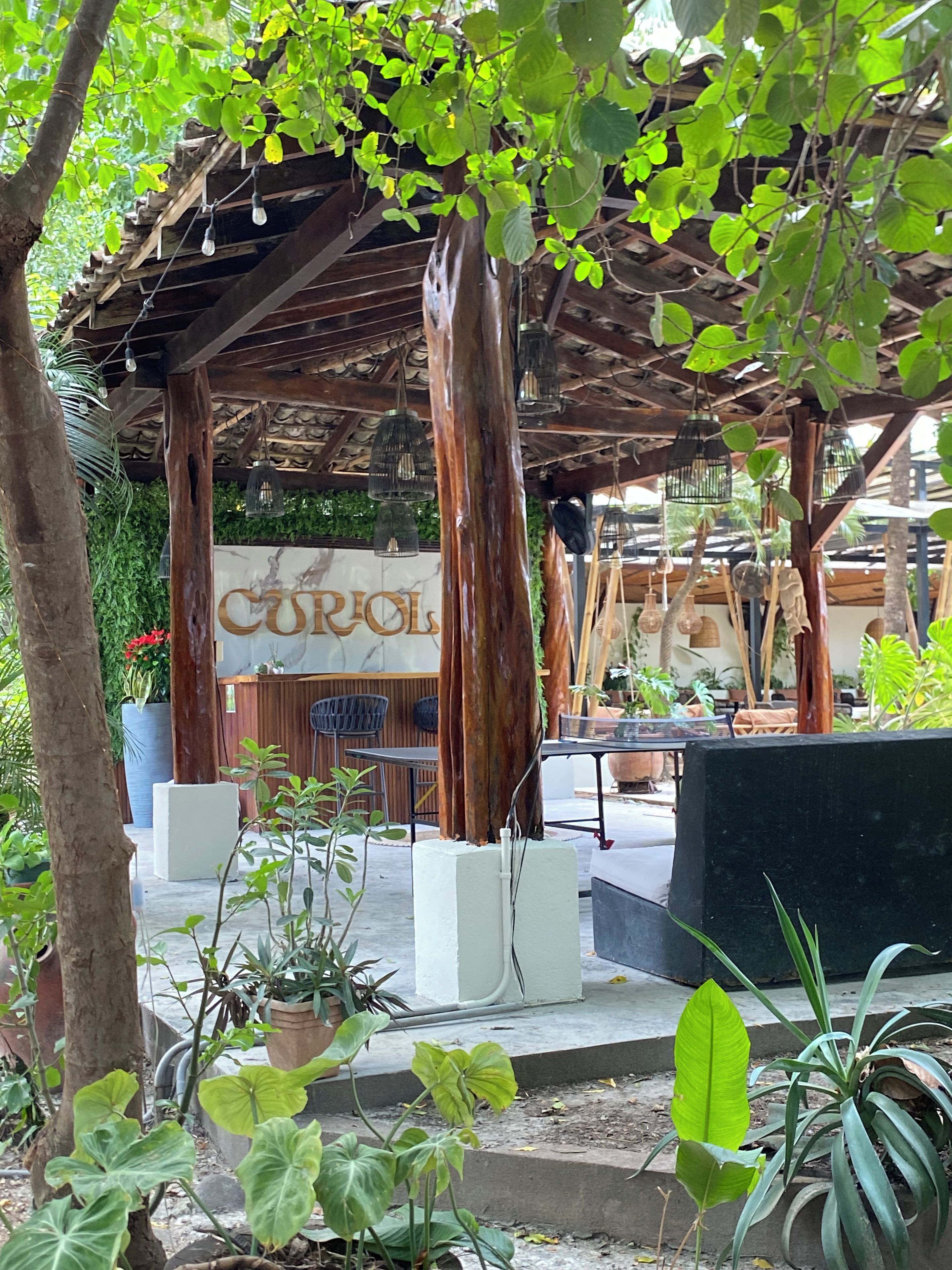 A covered outdoor seating area with a wooden pergola, potted plants, and a sign reading 'COROL'.