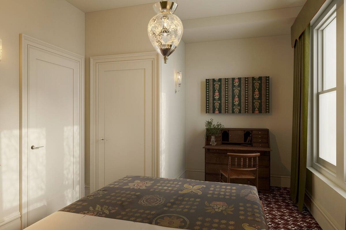 A bedroom with a bed, a nightstand, a lamp, a dresser, a mirror, and a window with curtains.