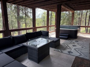Terrace/patio - Rustic 4 bedroom cabin at Gilded Mountain, wifi, pool access, paved roads (Lead)