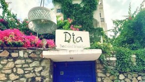 A building with a stone facade, a blue door, and a sign that reads "Dta Bed and breakfast". - Dia homestay (Pushkar)