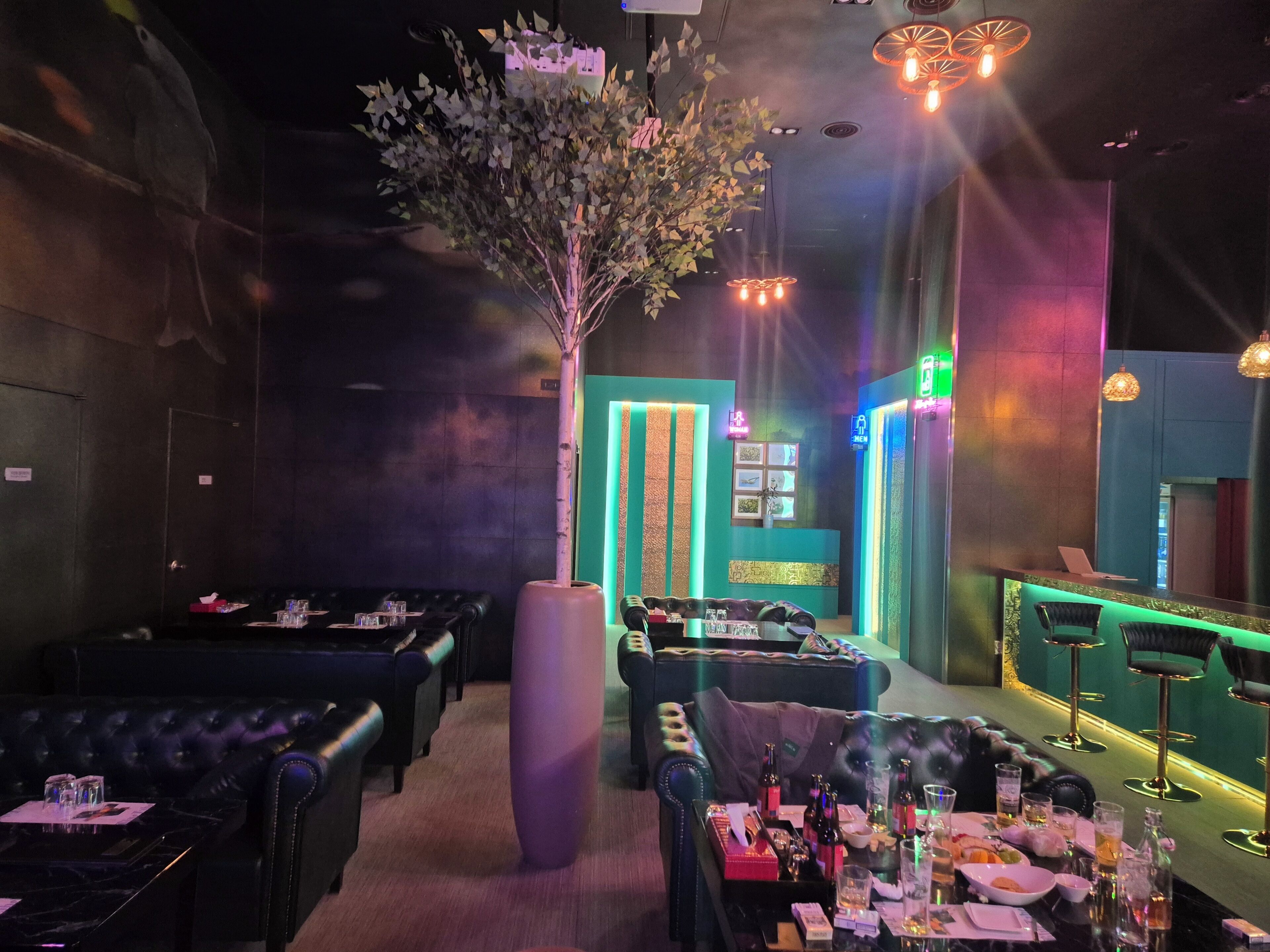 A dimly lit restaurant with leather booths, a central tree, and a bar area with stools.