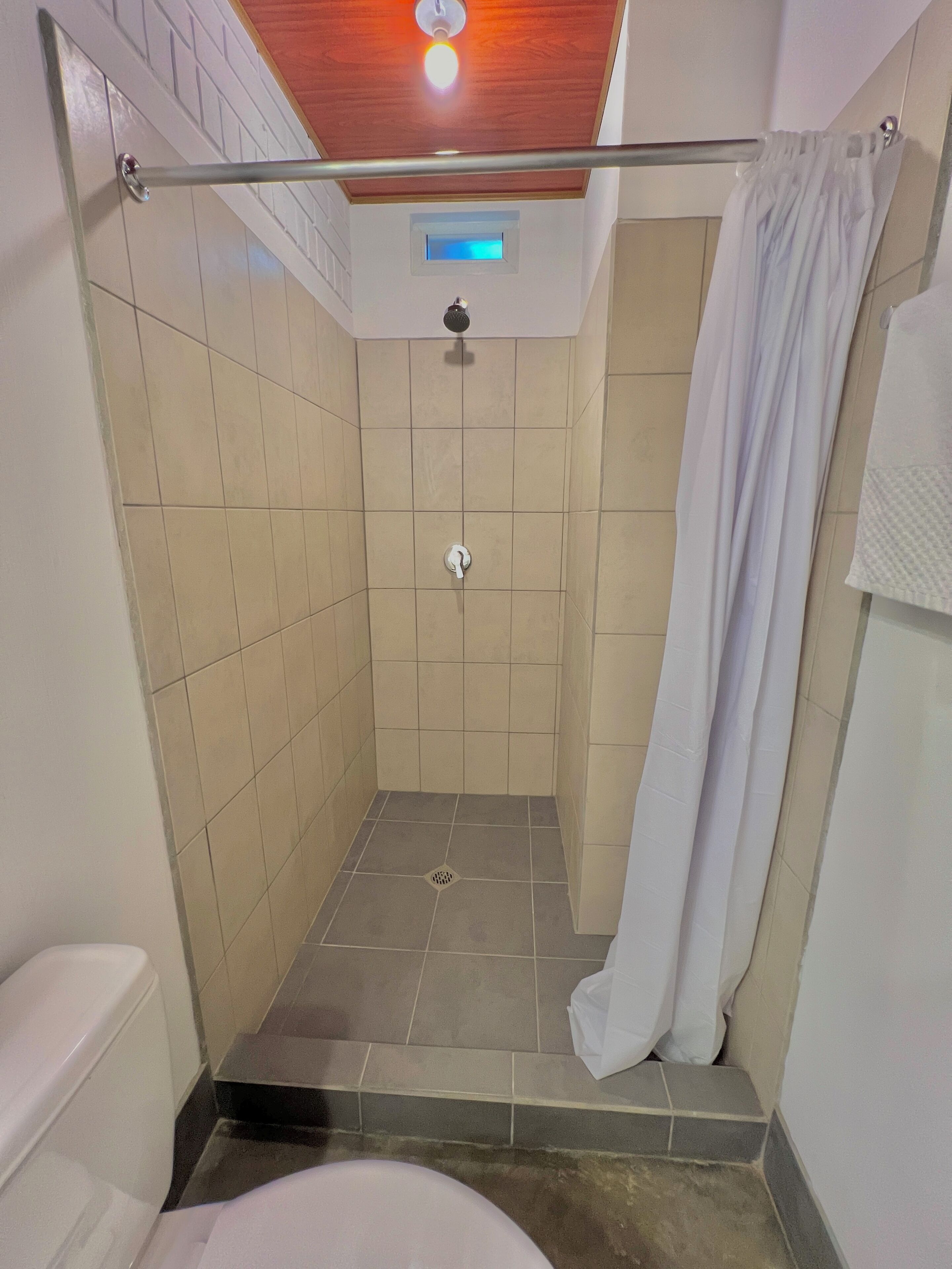 A small, tiled shower room with a glass door, a showerhead, and a white curtain.