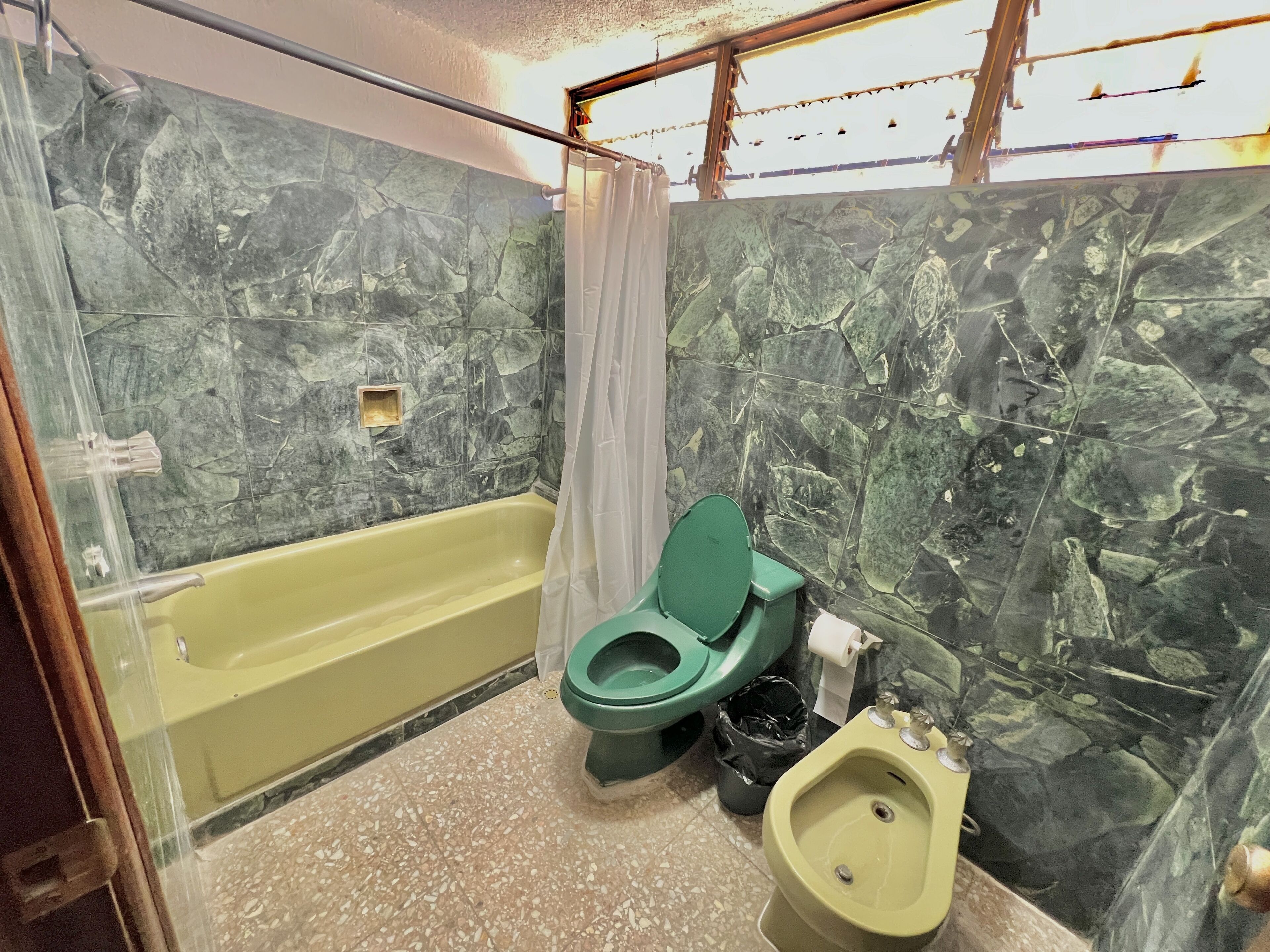 A bathroom with a bathtub, toilet, bidet, and a shower curtain.