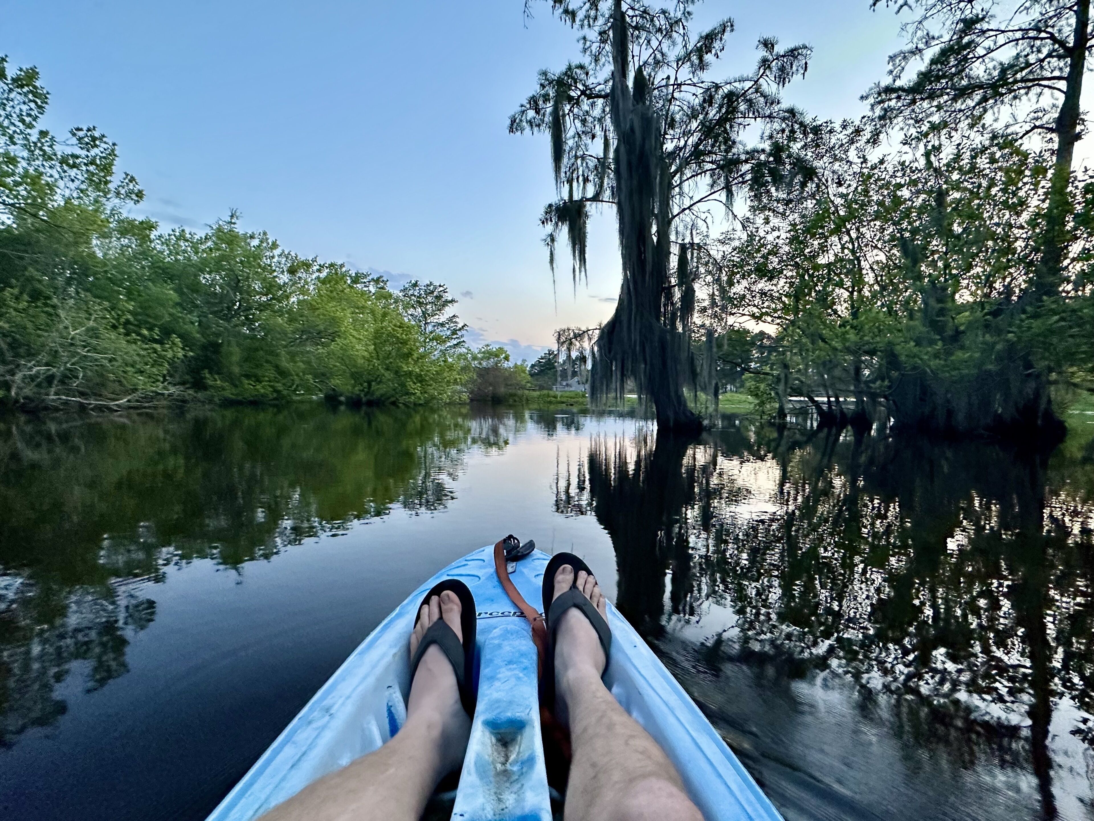 A kayak on a calm river with trees on both sides.