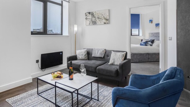 Ein modernes Wohnzimmer mit einem grauen Sofa, einem blauen Sessel, einem Couchtisch mit Obst und einer Flasche sowie einem Fernseher.