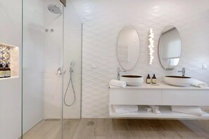 Douche, séchoir à cheveux, serviettes fournies