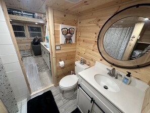 Hair dryer, towels, soap, toilet paper