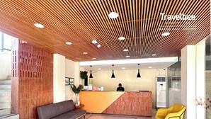 A modern reception area with a wooden ceiling, a reception desk, a sofa, and yellow chairs. - Travelbee Airport Inn (Lapu-Lapu)