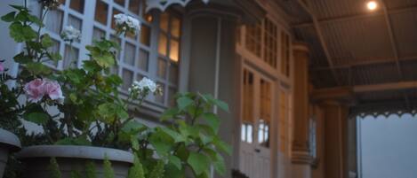 A conservatory with potted plants and a white building with a scalloped roof.
