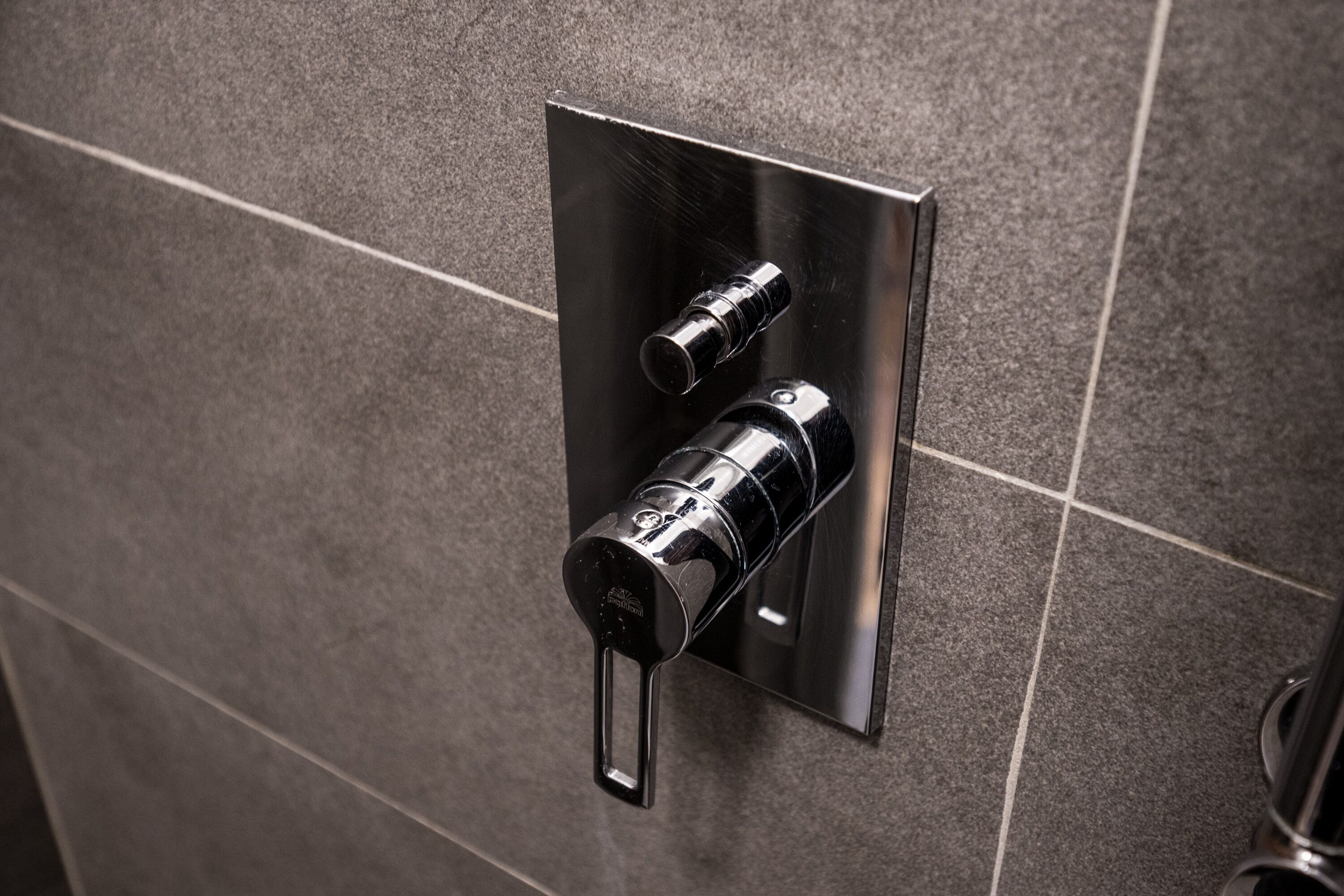 A metallic, wall-mounted faucet with a lever handle and a pull-out spray head, set against a tiled wall.