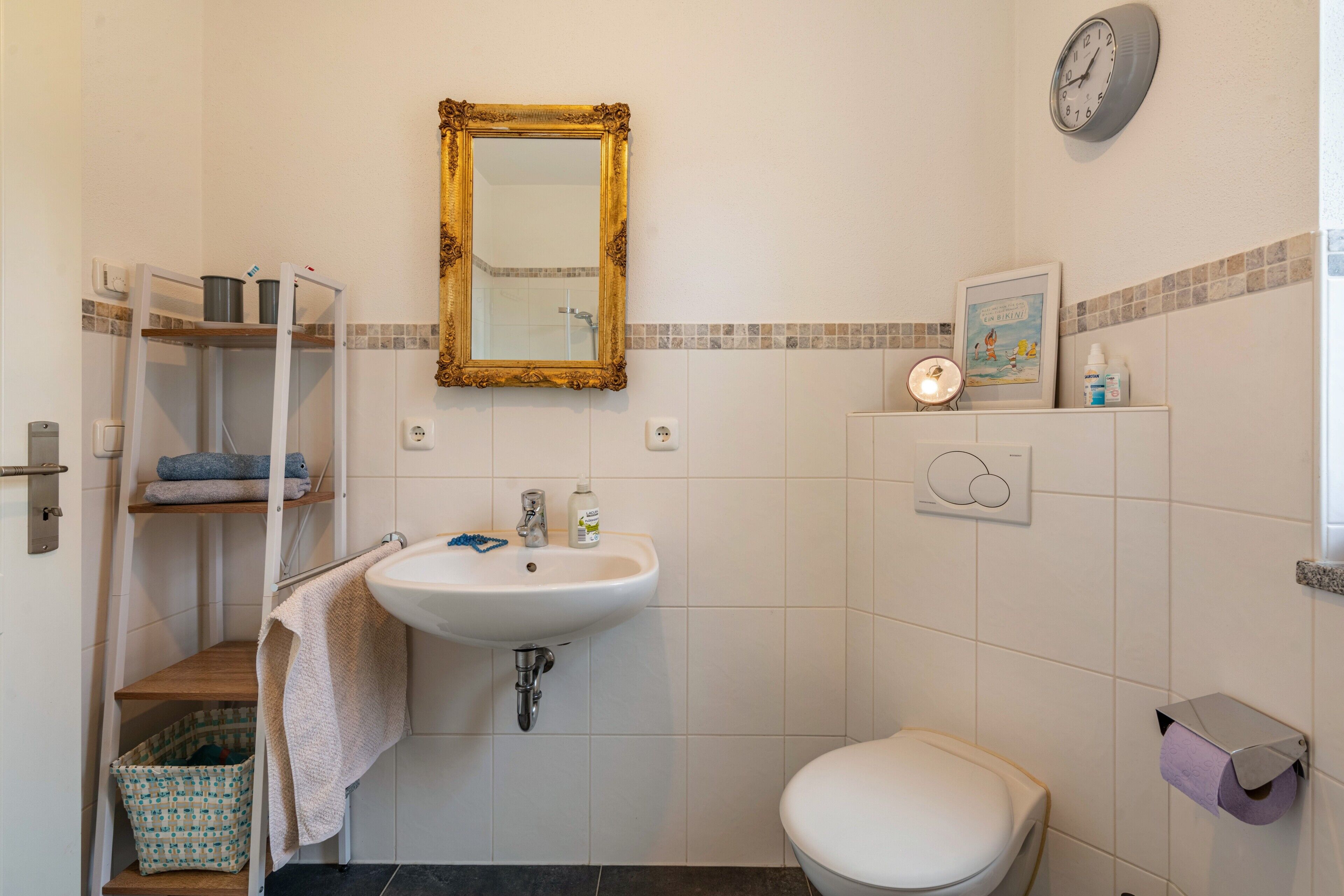 Une salle de bain équipée d’un lavabo, de toilettes, d’étagères et d’un miroir.