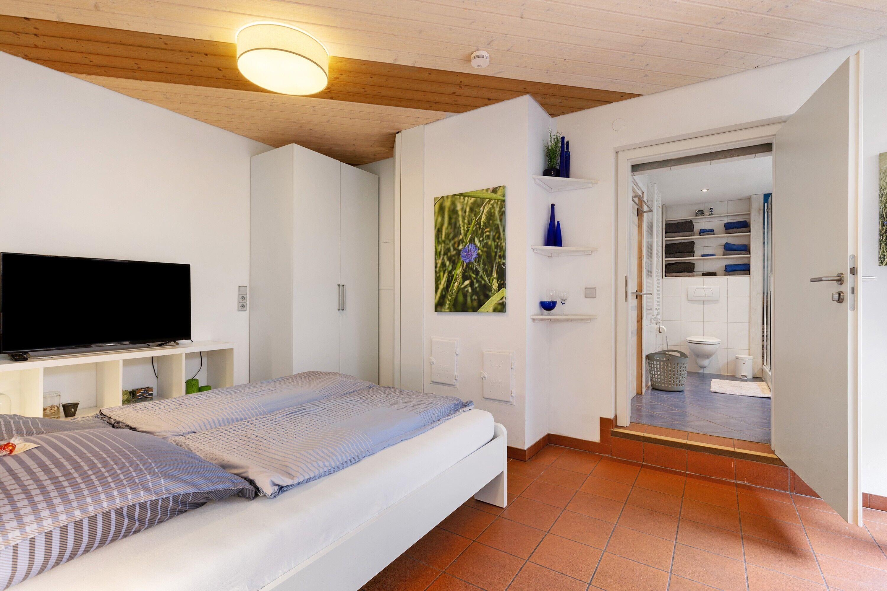 Un dormitorio con cama, televisor, baño con ducha y puerta que da a otra habitación.