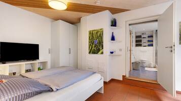 Un dormitorio con cama, televisor, baño con ducha y puerta que da a otra habitación.