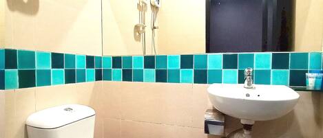 A bathroom with a toilet, a sink, and a mirror.