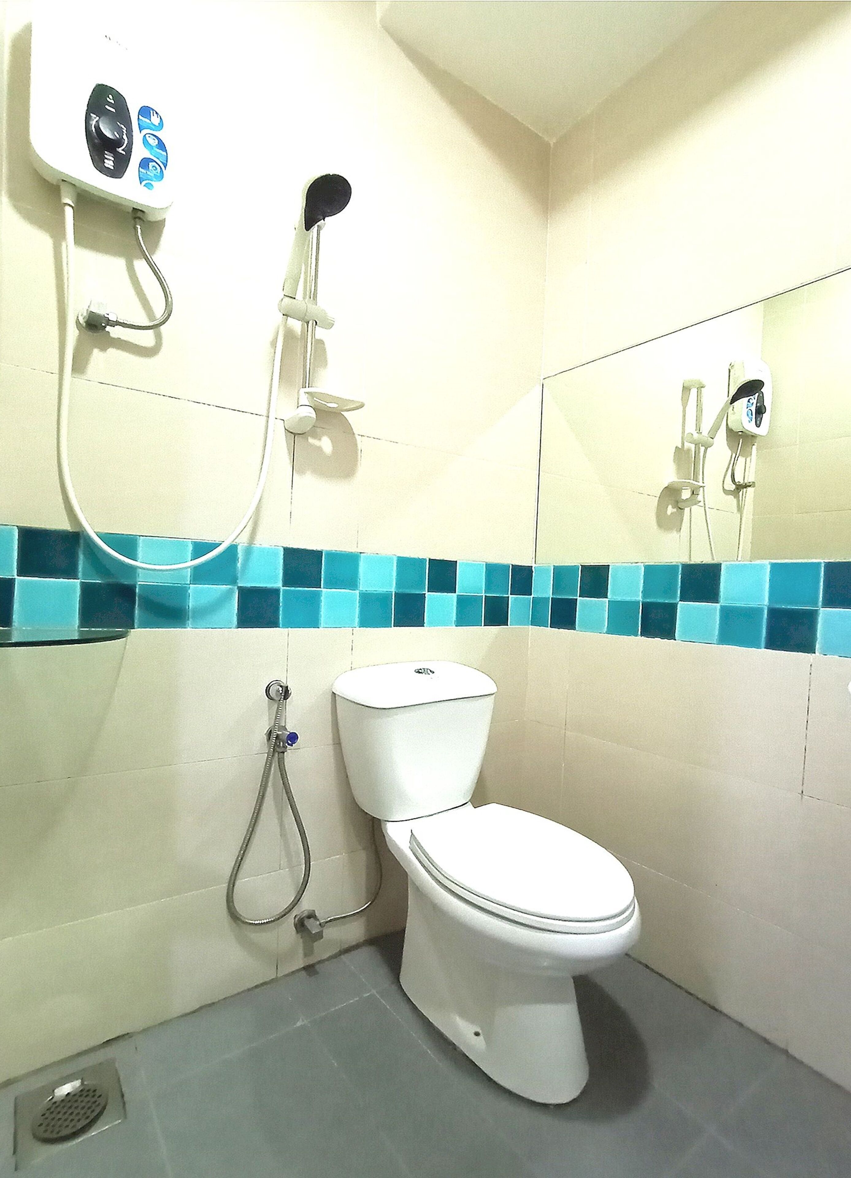 A bathroom with a toilet, a shower, and a mirror.