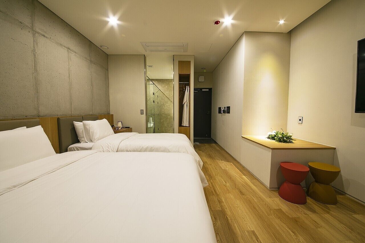 Habitación de hotel moderna con dos camas, suelo de madera, un pequeño escritorio con una planta y una zona de ducha.