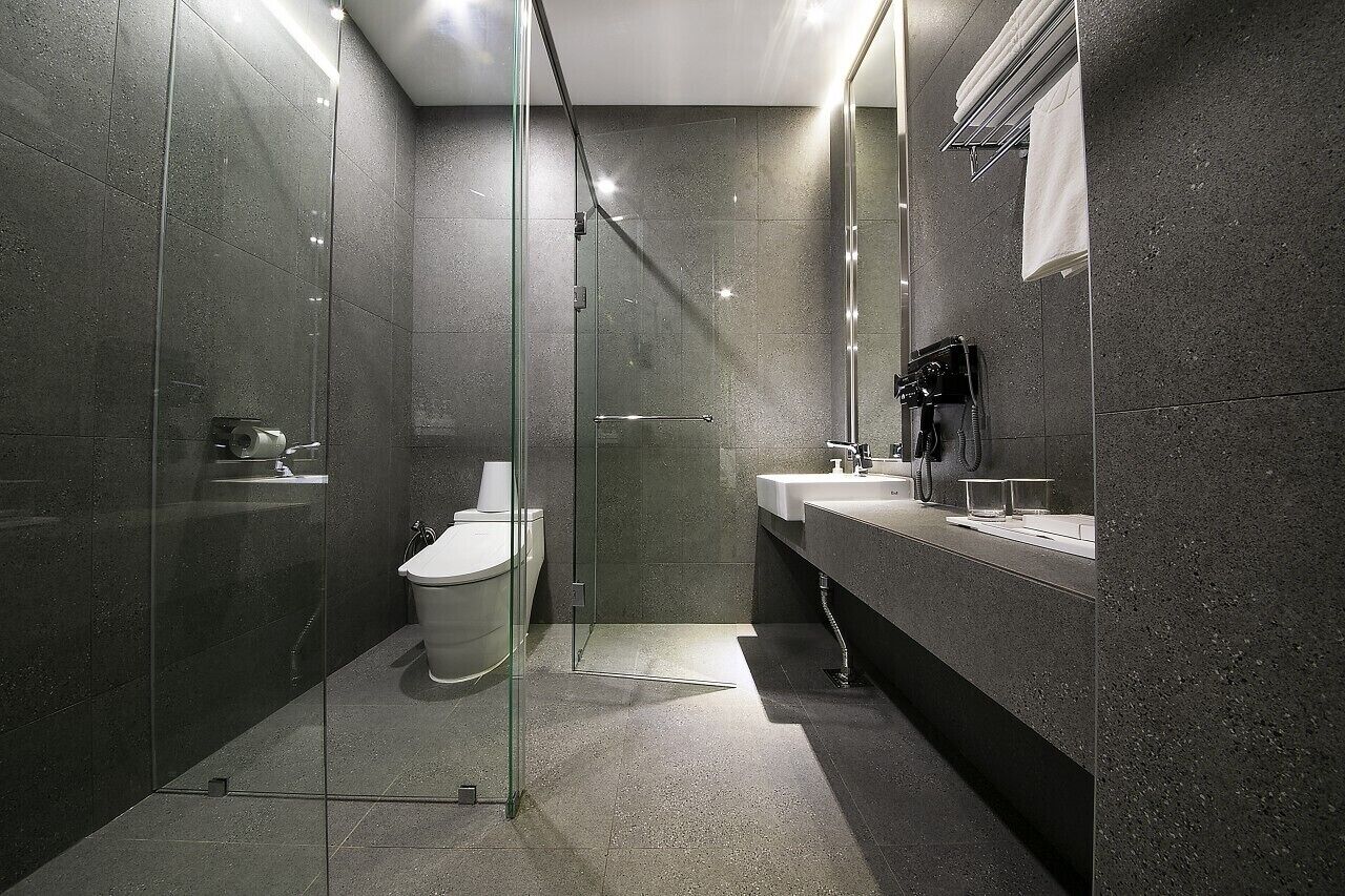 A modern bathroom with a glass-enclosed shower, a toilet, and a vanity with a mirror and sink.