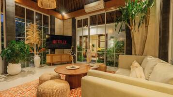Family Villa, Private Pool | Living area | 55-inch Smart TV with digital channels, Netflix, streaming services