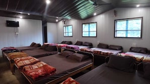 Habitación tipo dormitorio con varias camas literas, un televisor de pantalla plana en la pared y ventanas que dejan entrar luz natural.