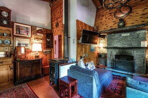 Apartment, Garden View | Living area | 32-inch flat-screen TV with satellite channels, fireplace - Casa al Fiume (Sonogno)