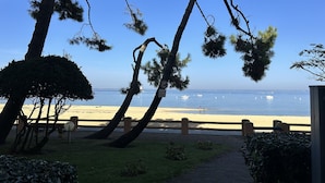 A beach view with a wooden fence, a paved walkway, and trees. - Appart Avec Terrasse vue Plage, 2 Minutes du Centre, 2 Vélos et Linge Fournis (Arcachon)