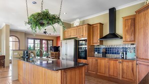 A spacious kitchen with wooden cabinets, a large island, and a hanging plant.