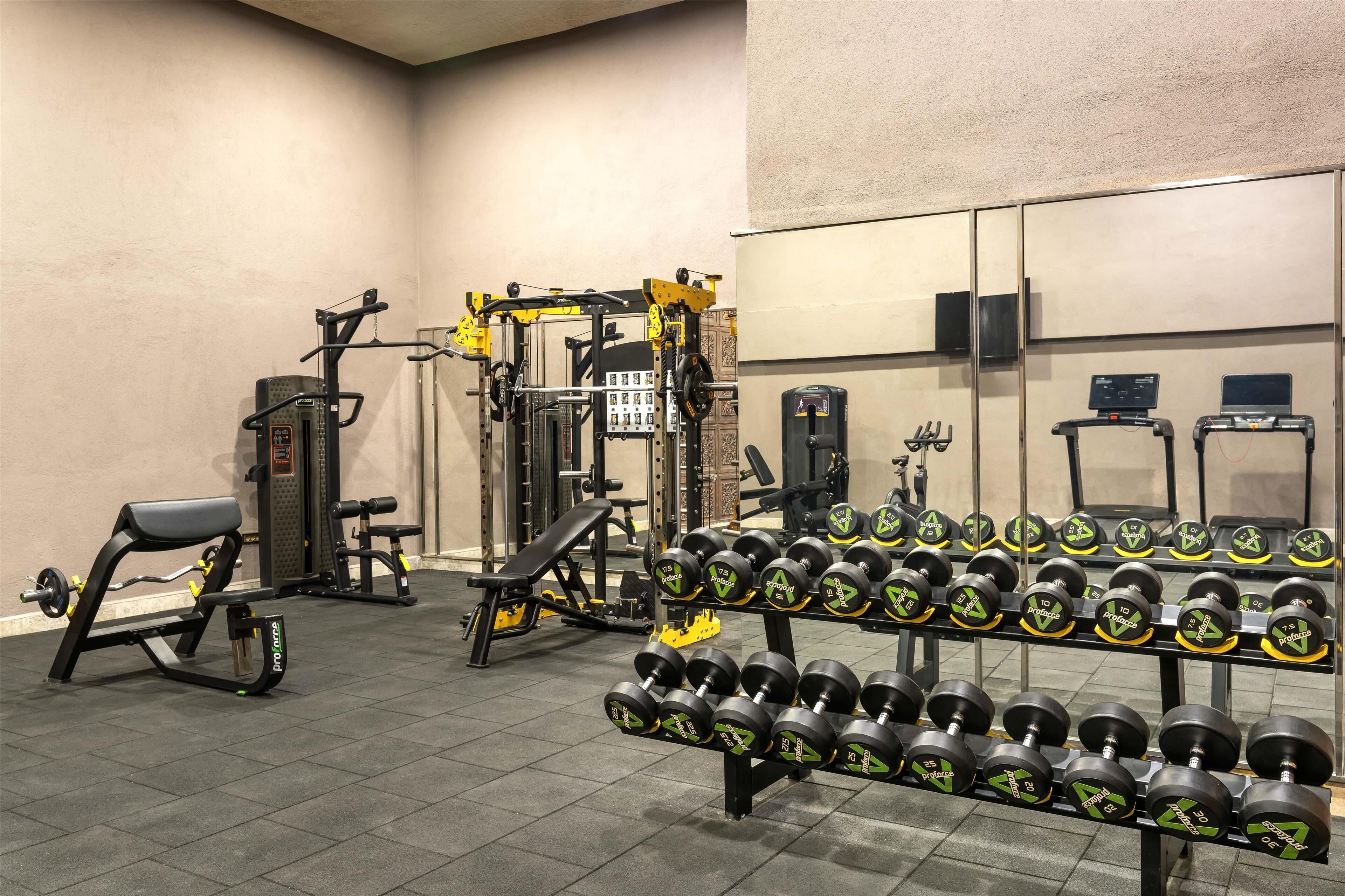 Un gimnasio con equipo de levantamiento de pesas, mancuernas y máquinas de ejercicio.