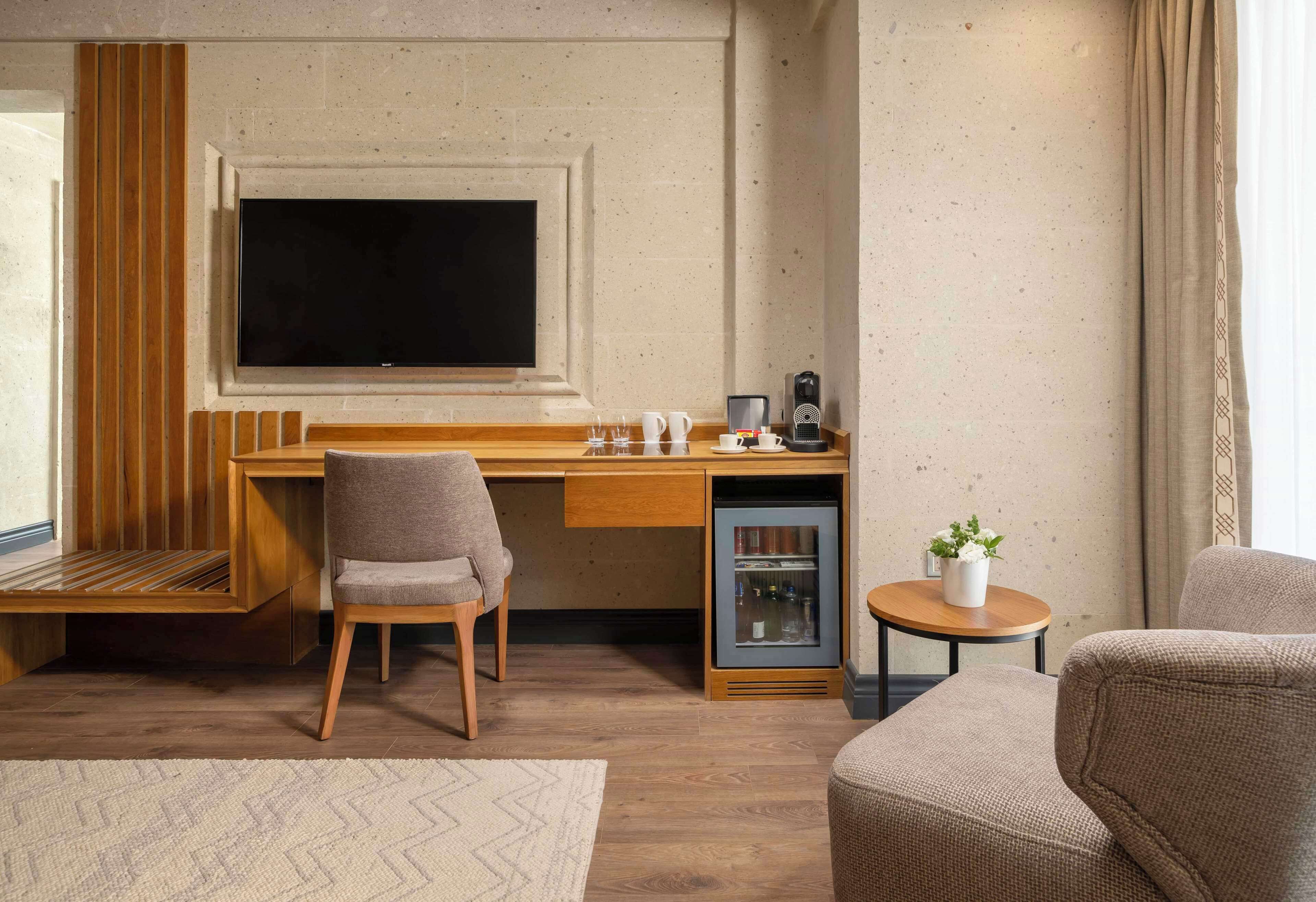 Una habitación de hotel moderna con un escritorio de madera, una silla cómoda, una mesita con una planta en maceta y un televisor montado en la pared.
