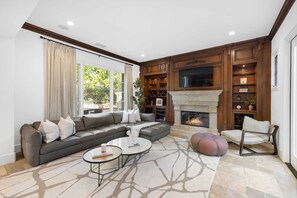 Télévision, cheminée, espaces bureaux