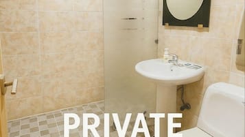 Shower, free toiletries, hair dryer, towels