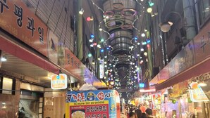 Un marché couvert animé, avec de nombreux stands de nourriture et des guirlandes lumineuses suspendues.