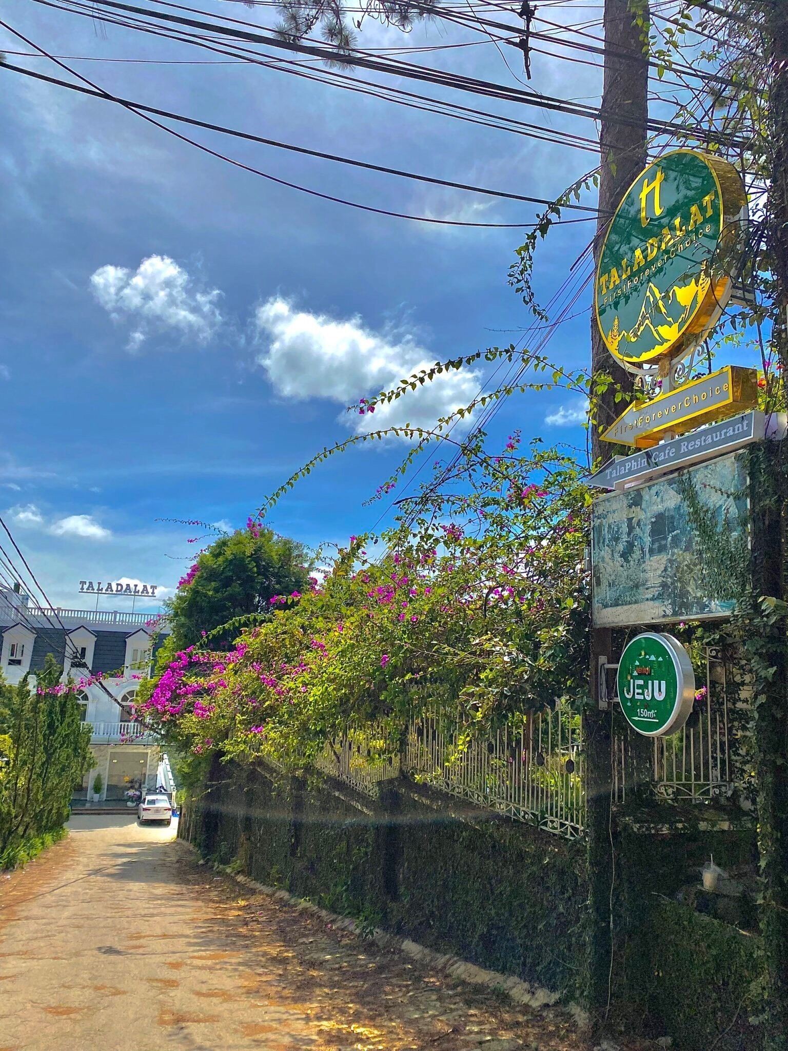 Blick an einer Straße mit einem Schild für das Restaurant Talalalat, einem Zaun mit blühenden Pflanzen und einem in der Ferne liegenden Gebäude mit der Aufschrift Talalalat.