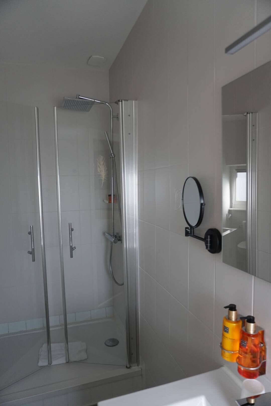 A modern bathroom with a glass-enclosed shower, a large mirror, and toiletries on the sink.
