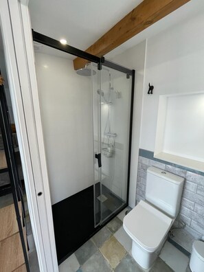 Shower, hair dryer, towels, soap