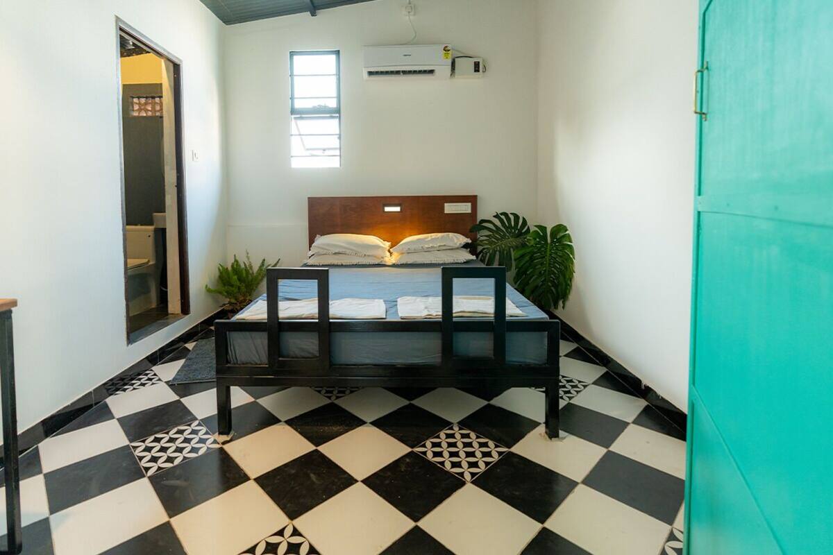 A room with a checkered floor, a bed with white linens, a wooden headboard, a potted plant, and a teal door.