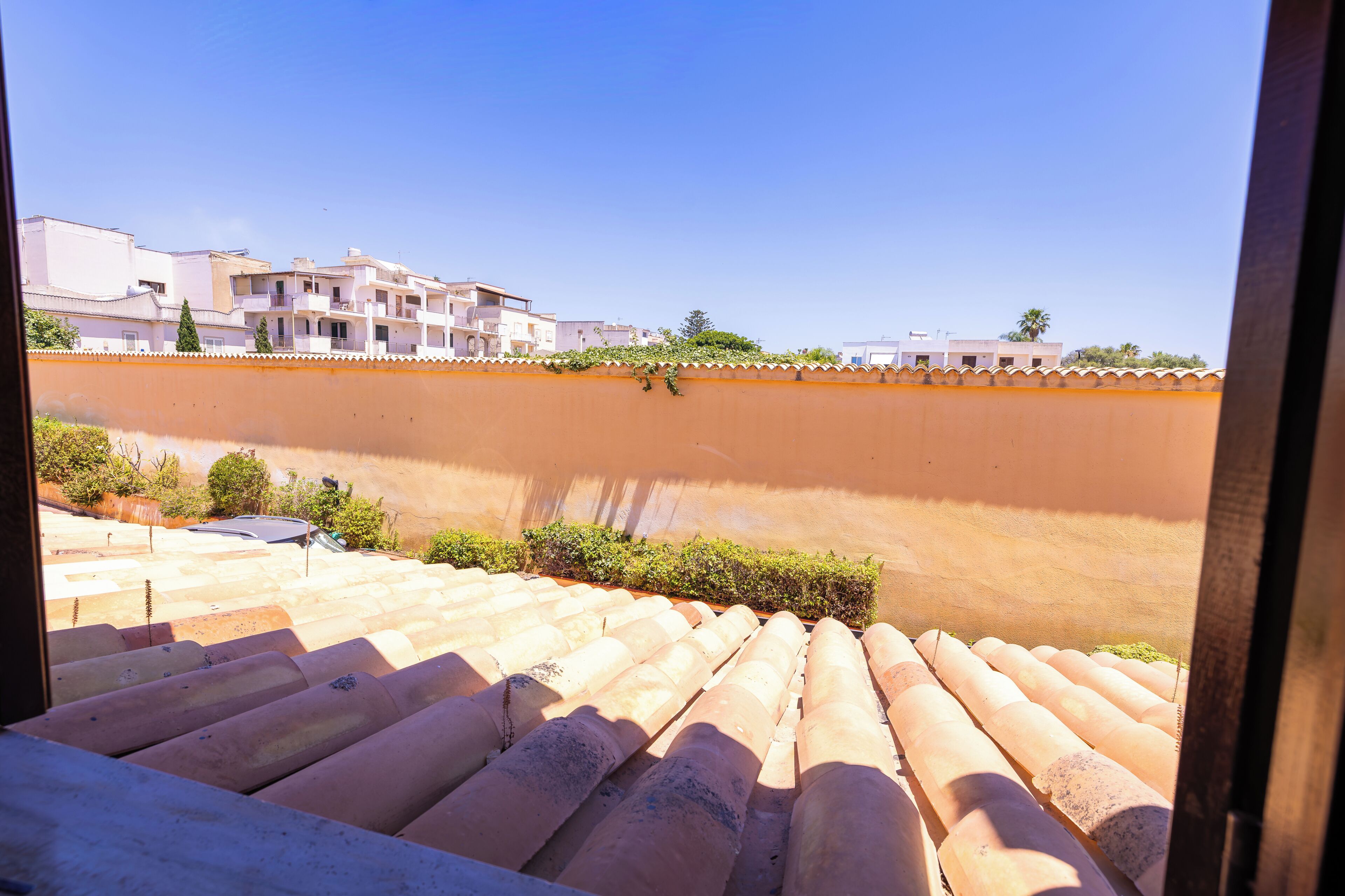 Vista de tejas de arcilla, un muro bajo con follaje y una hilera de edificios al fondo.