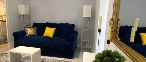 Tv, eldstad och böcker