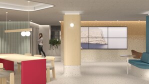 A modern interior with a large table, chairs, a sofa, and a large window with a view of a rocky landscape. - AHOI! Urban Beach Hotel (Palma de Mallorca)