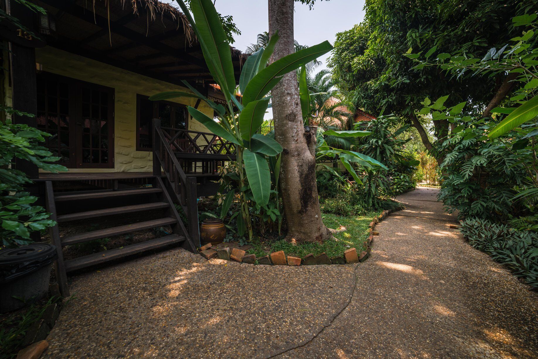 A tropical garden with a gravel path leading to a wooden staircase.