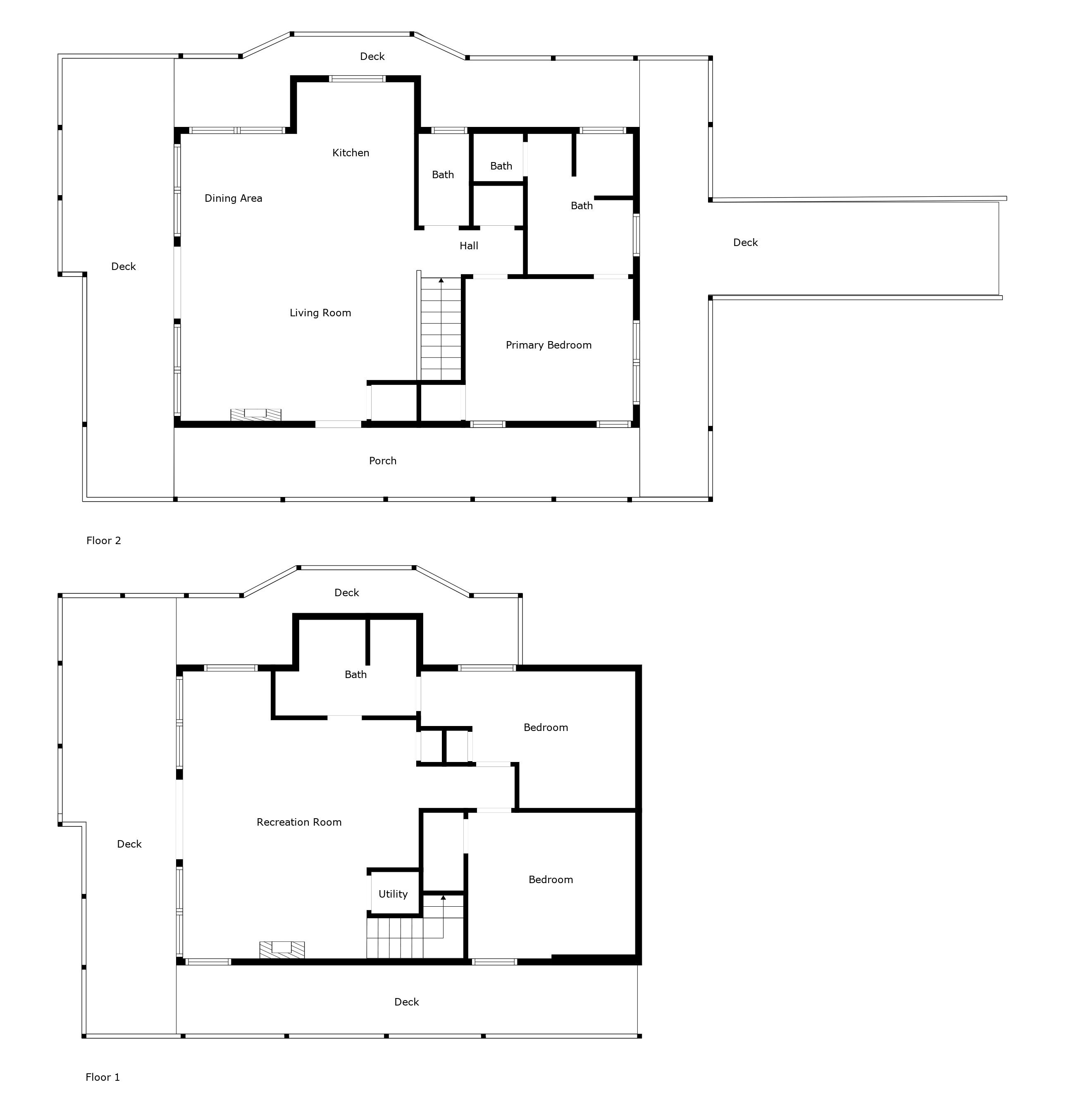 A floor plan of a house with two floors. The ground floor includes a kitchen, dining area, living room, primary bedroom, bathroom, and a porch. The first floor has a recreation room, two bedrooms, a bathroom, and a utility room.