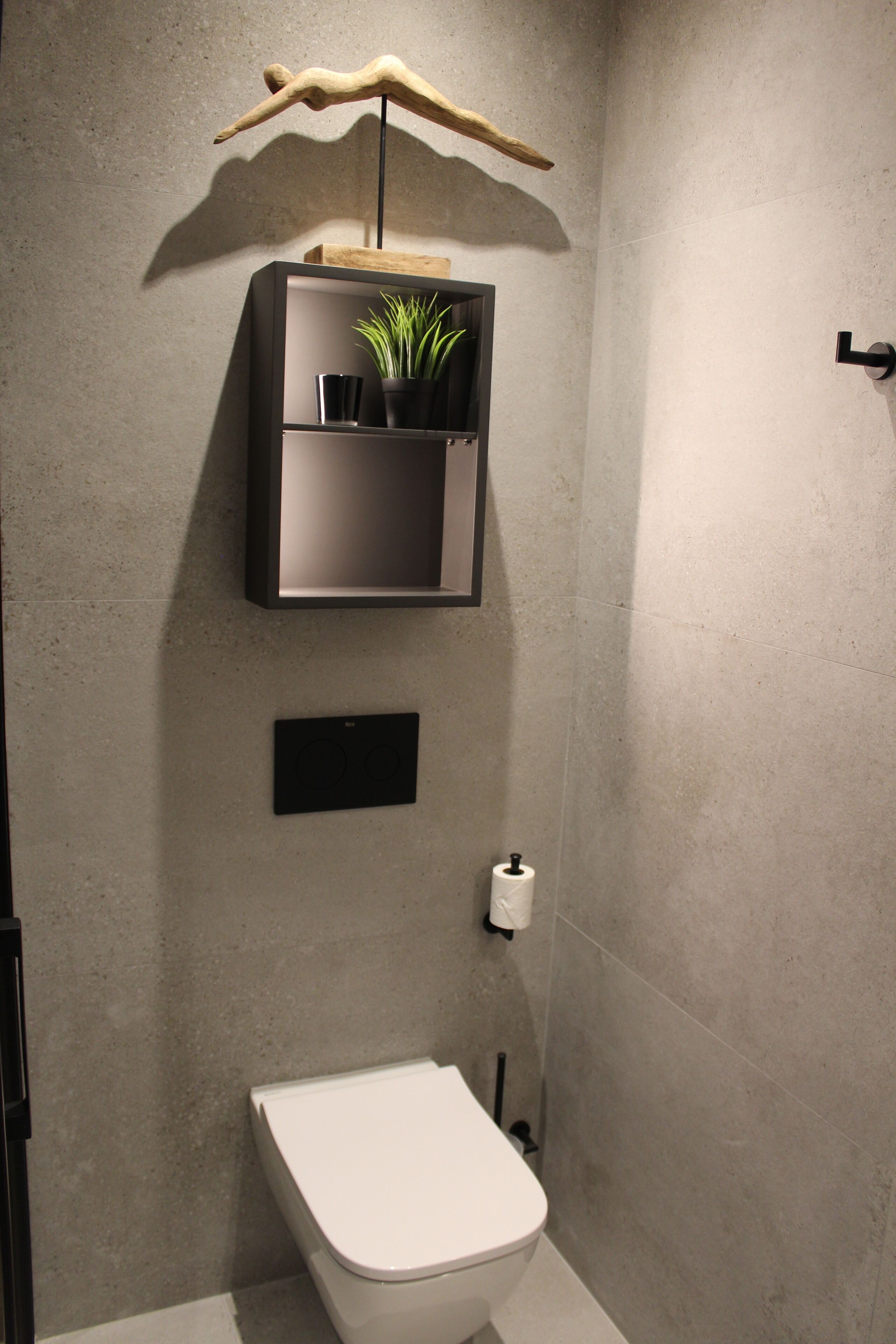 A modern bathroom with a white toilet, a shelf with a plant, and a toilet paper holder.